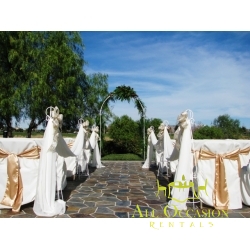 Iron white arch with draping, flower and 6 stand whit draping
